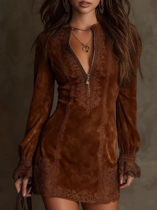 Giulia | Zamszowa Sukienka Mini z Koronkowymi Detalami