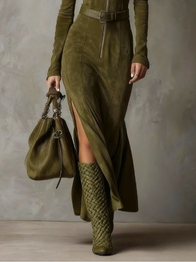 Alessia™ – Długa Sukienka z Imitacji Zamszu