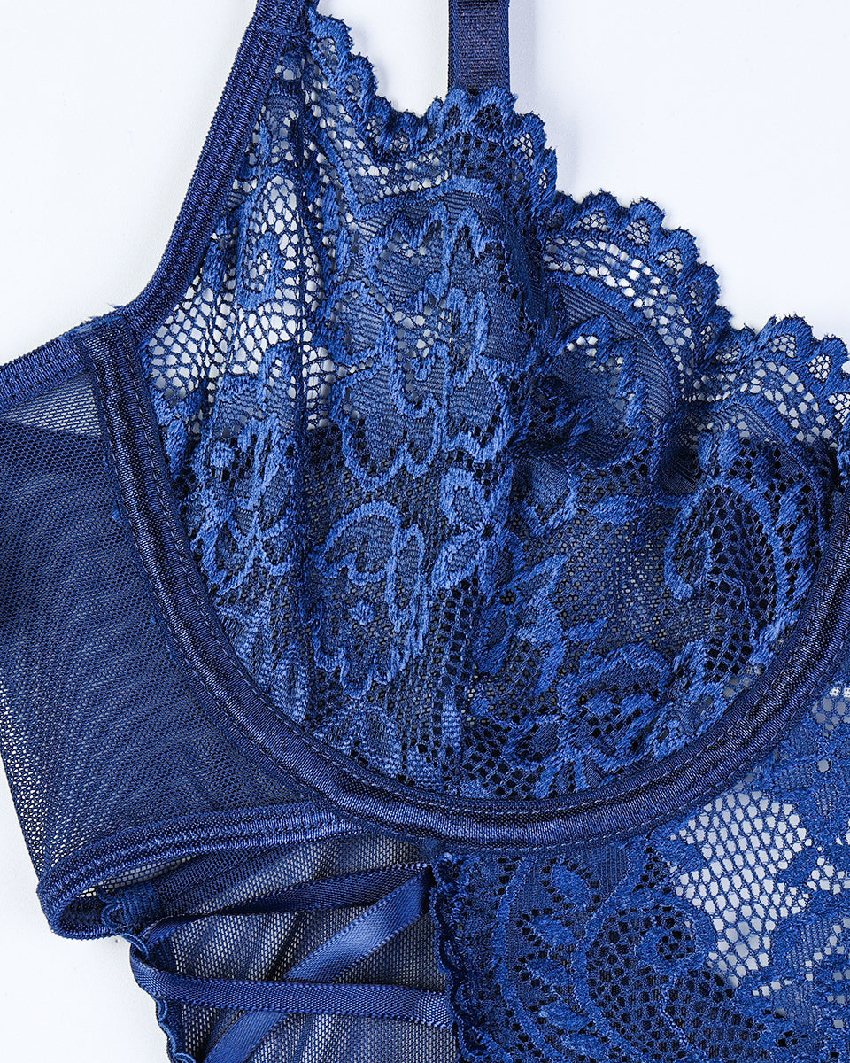 Christina™ | Przezroczyste body z koronką, kwiatowy wzór i kokardka po boku