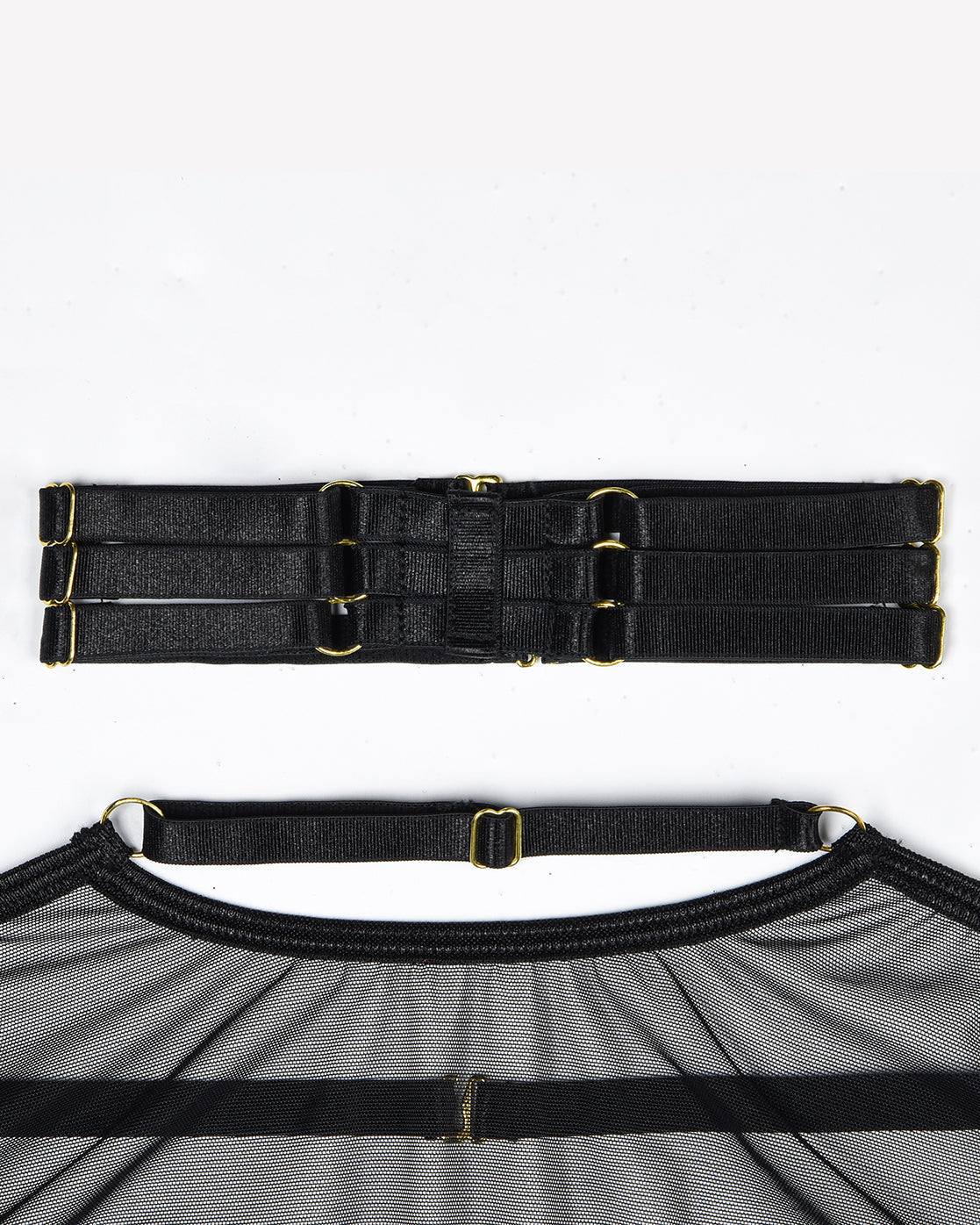 Eline™ | Przezroczysty Zestaw Bielizny z Siatki 4-częściowy z Biustonoszem i Kokardą