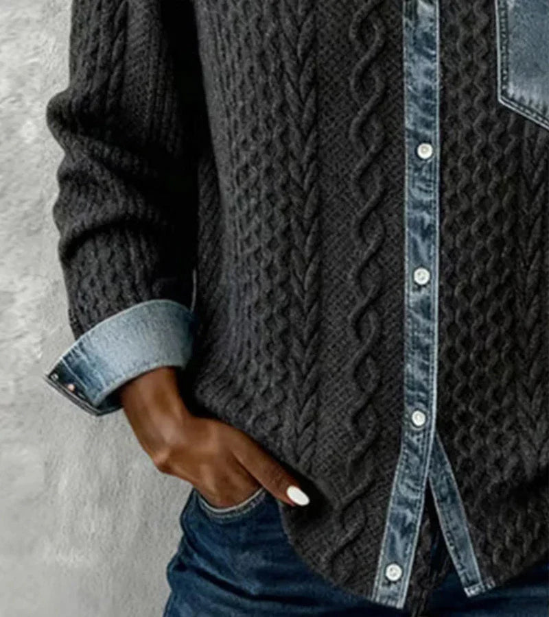 Ambra | Dzianinowy Top Patchwork z Denimowymi Detalami