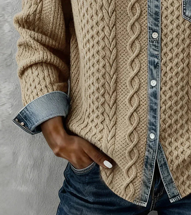 Ambra | Dzianinowy Top Patchwork z Denimowymi Detalami