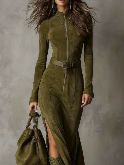 Alessia™ – Długa Sukienka z Imitacji Zamszu